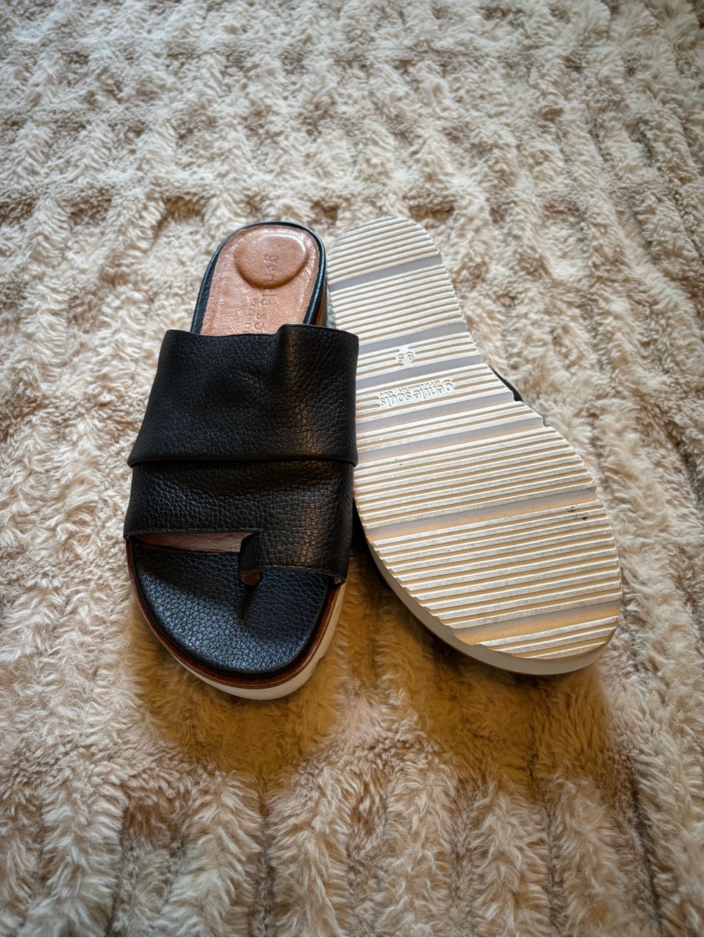 gentle souls Black Leather Slide Sandals with White Platform Sole